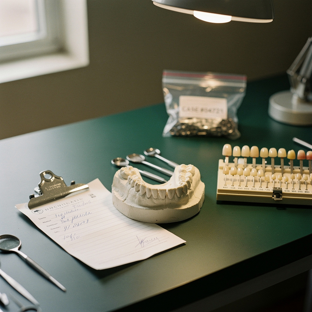 Lab bench with a paper prescription, stone model and shade guide ready for a crown case