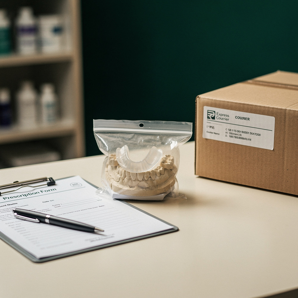 Dental case packed in a shipping box with prescription and records laid out for a final check