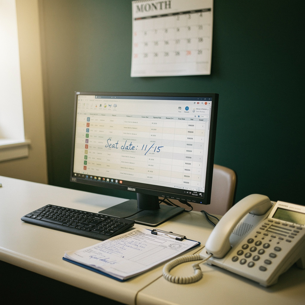 Front desk workstation with a case tracking spreadsheet, lab prescription and desk phone