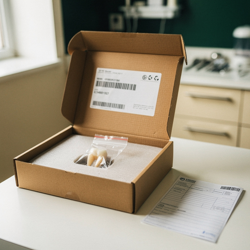 Opened dental lab shipping box with a tracking label and a bagged crown on a practice counter