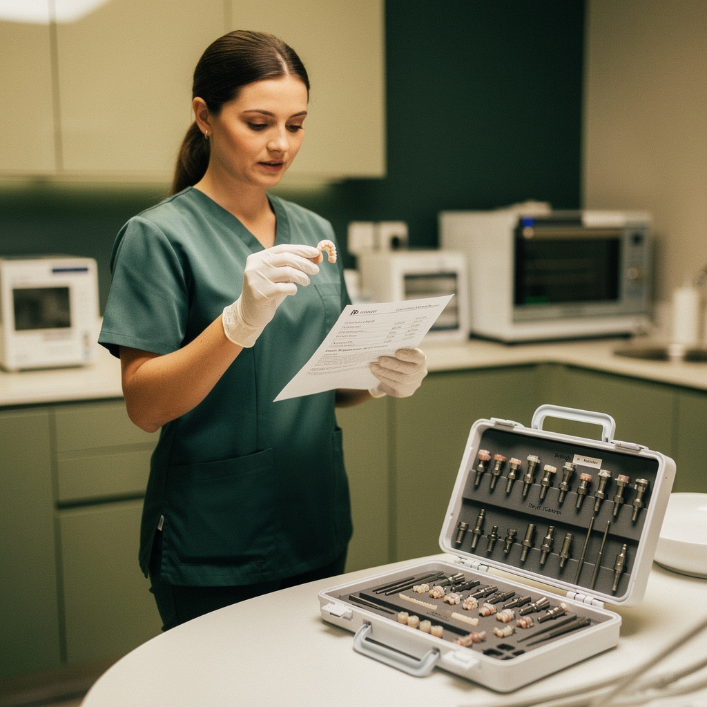 Dental assistant matching a lab restoration to its prescription at a prep counter
