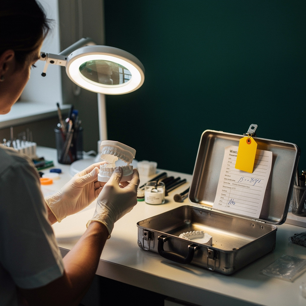 Lab technician inspecting a model with a hold tag and incomplete prescription on the case tray
