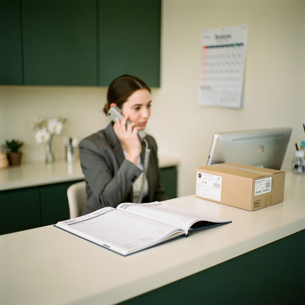 Dental front desk receptionist on the phone with appointment book and a lab delivery box on the counter