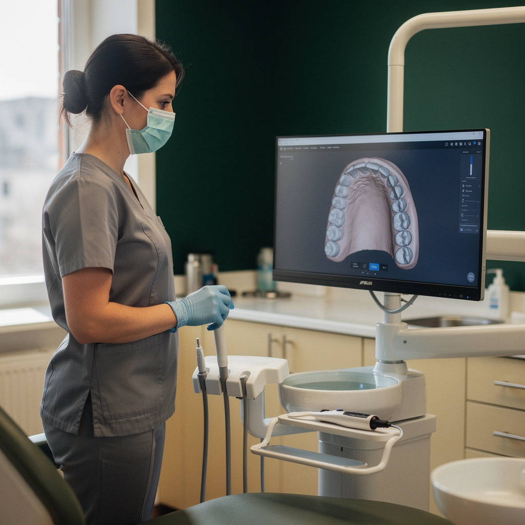 Dental assistant reviewing a full-arch intraoral scan on a monitor in a treatment room