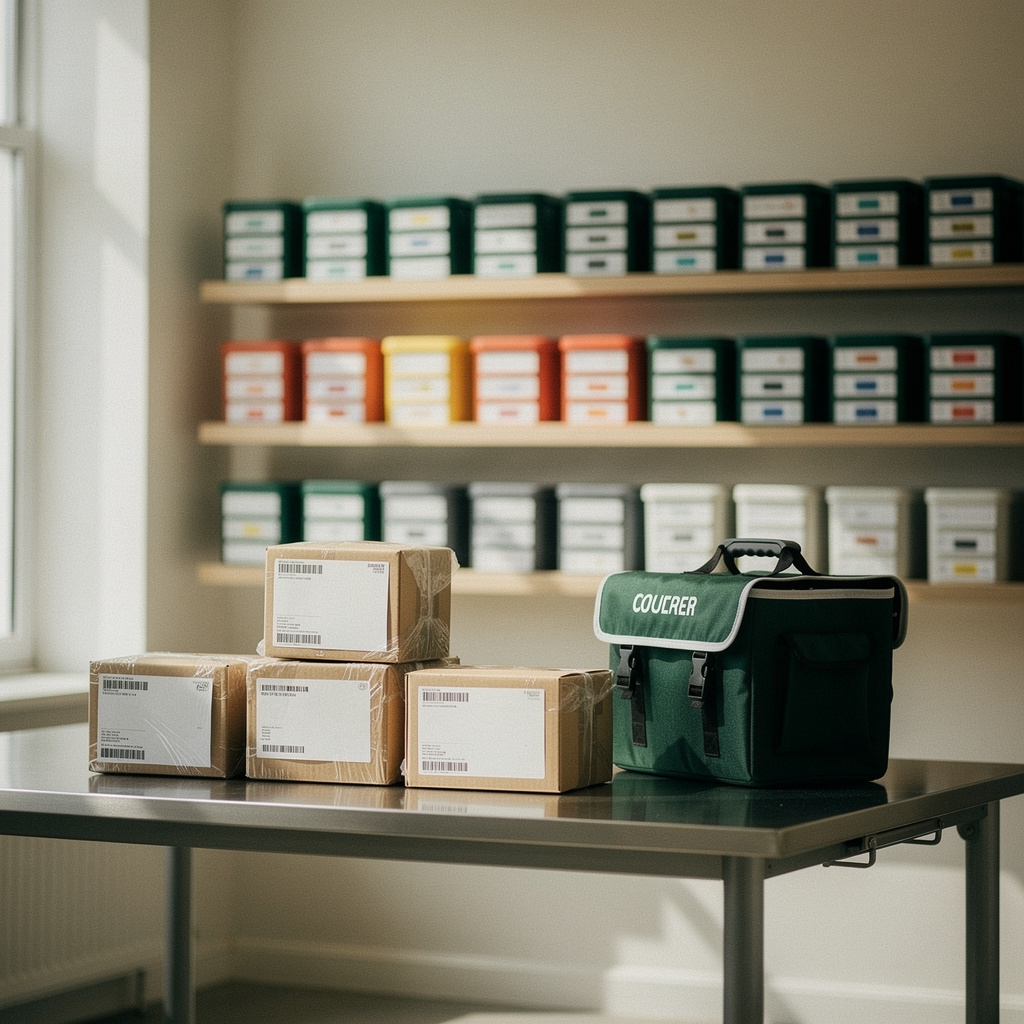 Packed dental lab case boxes with shipping labels ready for courier pickup