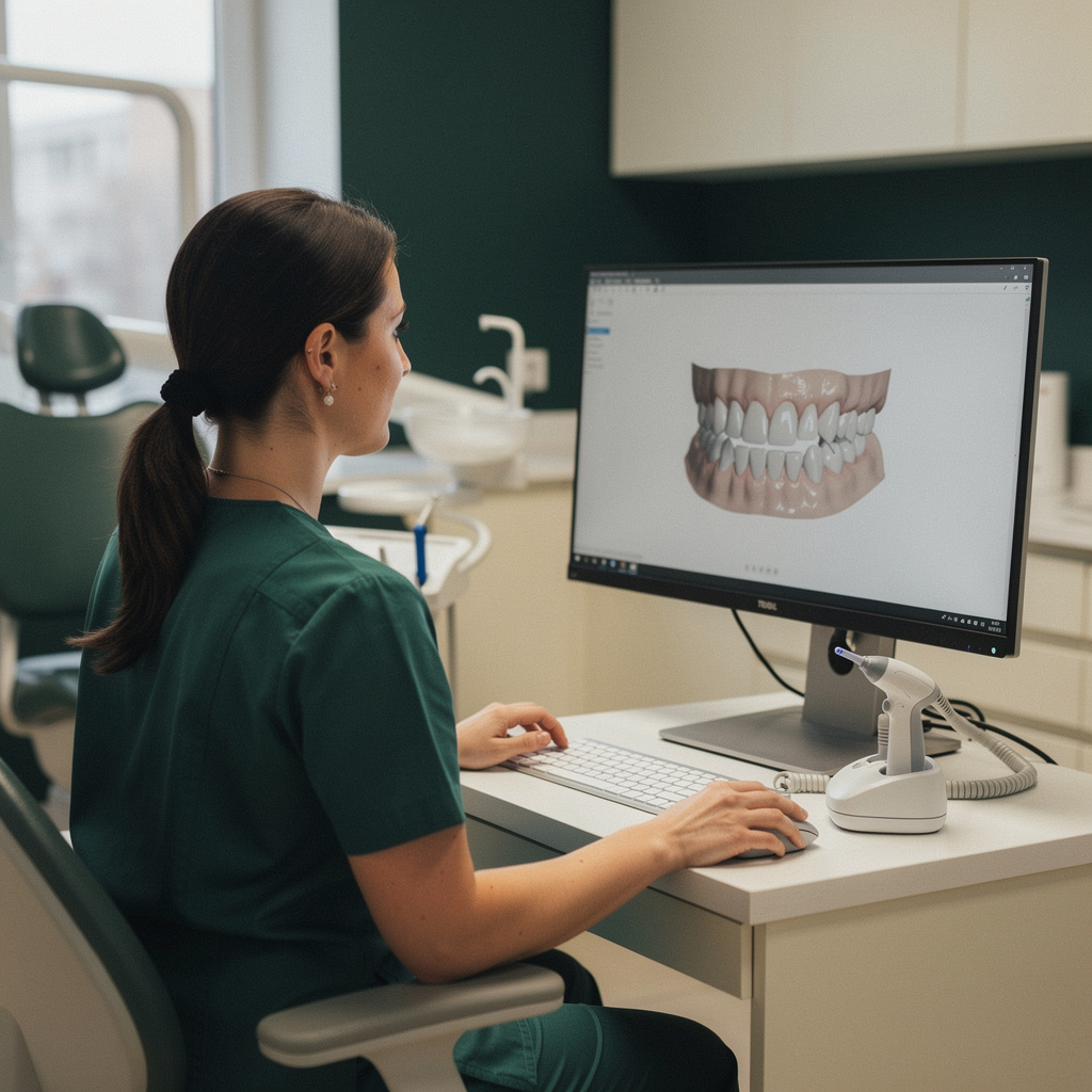 Dental assistant reviewing a 3D arch scan on a monitor beside an intraoral scanner in its holder