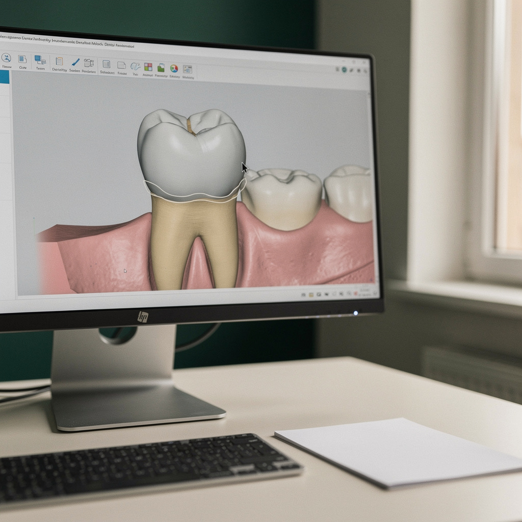 Zoomed 3D scan of a prepared molar on screen with the margin line in view