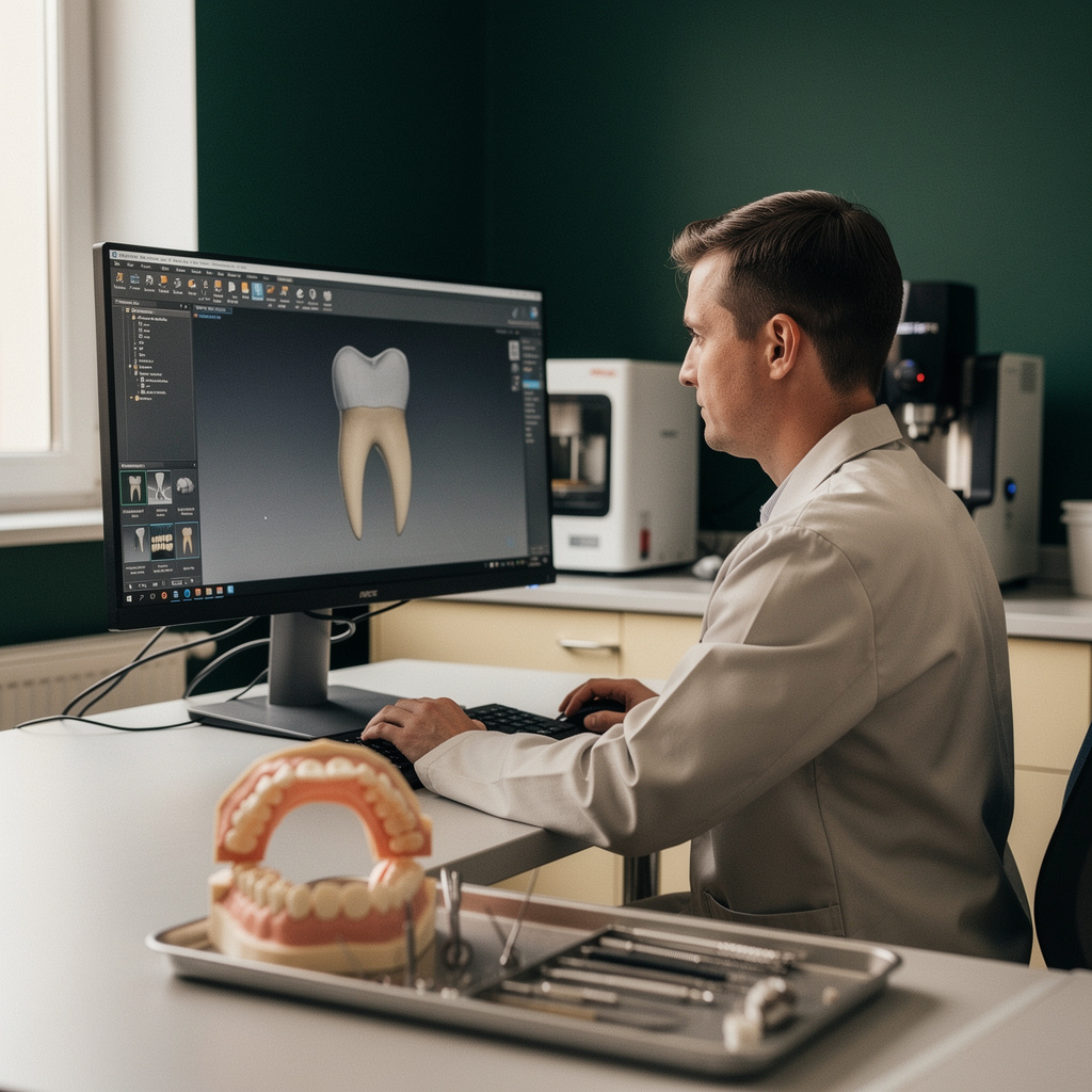 Dental lab technician designing a crown in CAD software next to a printed arch model