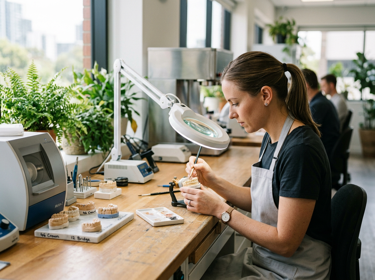 Dental technician finishing a crown at a lab bench