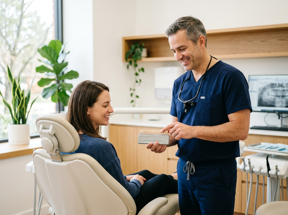 Dentist reviewing a case with a patient in a bright treatment room