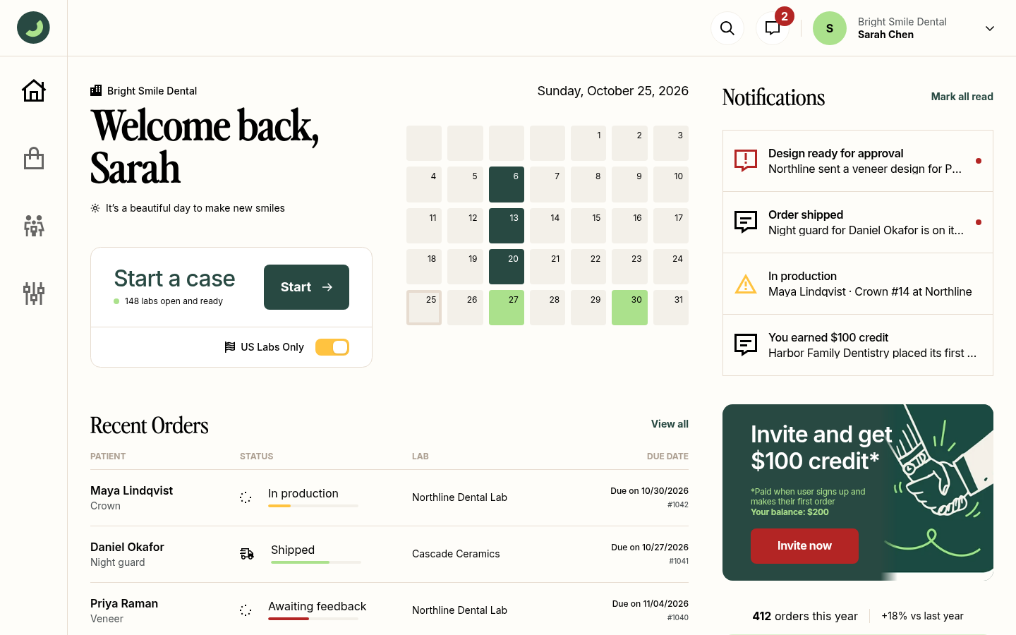 The Dintle practice dashboard with a Start a case card, a calendar of due dates, recent orders with live status, notifications, and referral credit