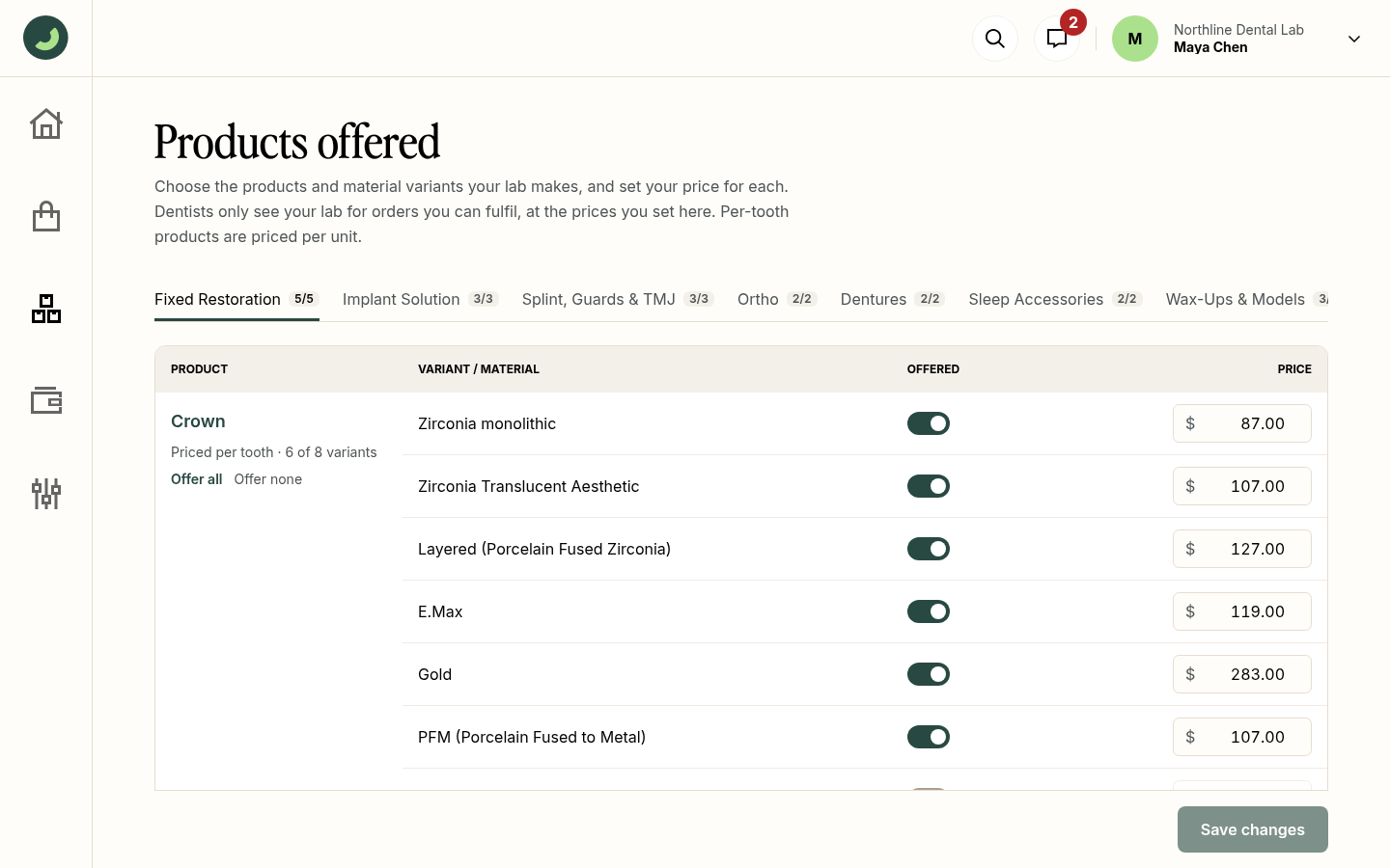 The Products offered page where a lab toggles crown materials and sets a price for each