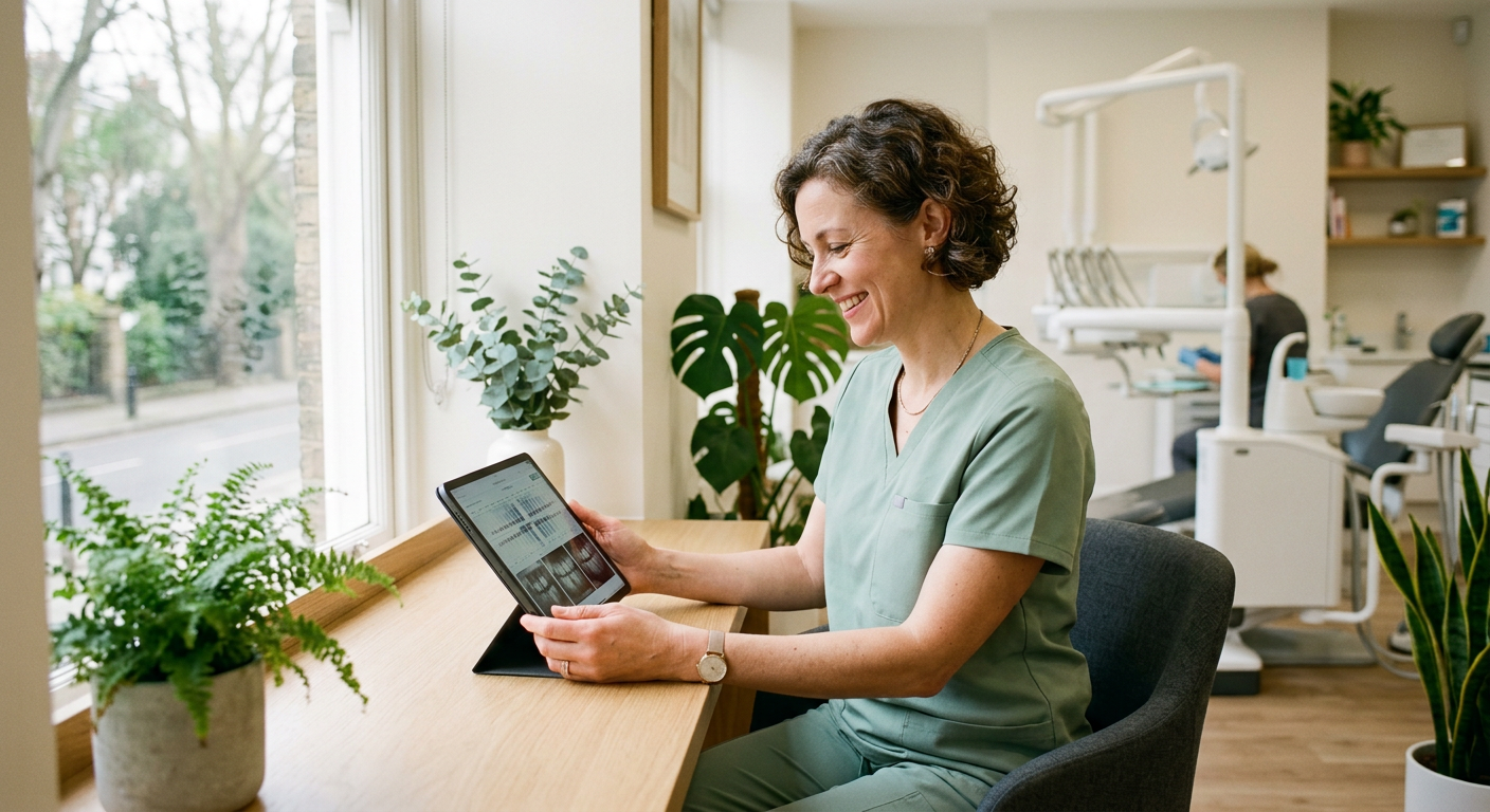 A dentist reviewing a case on a tablet