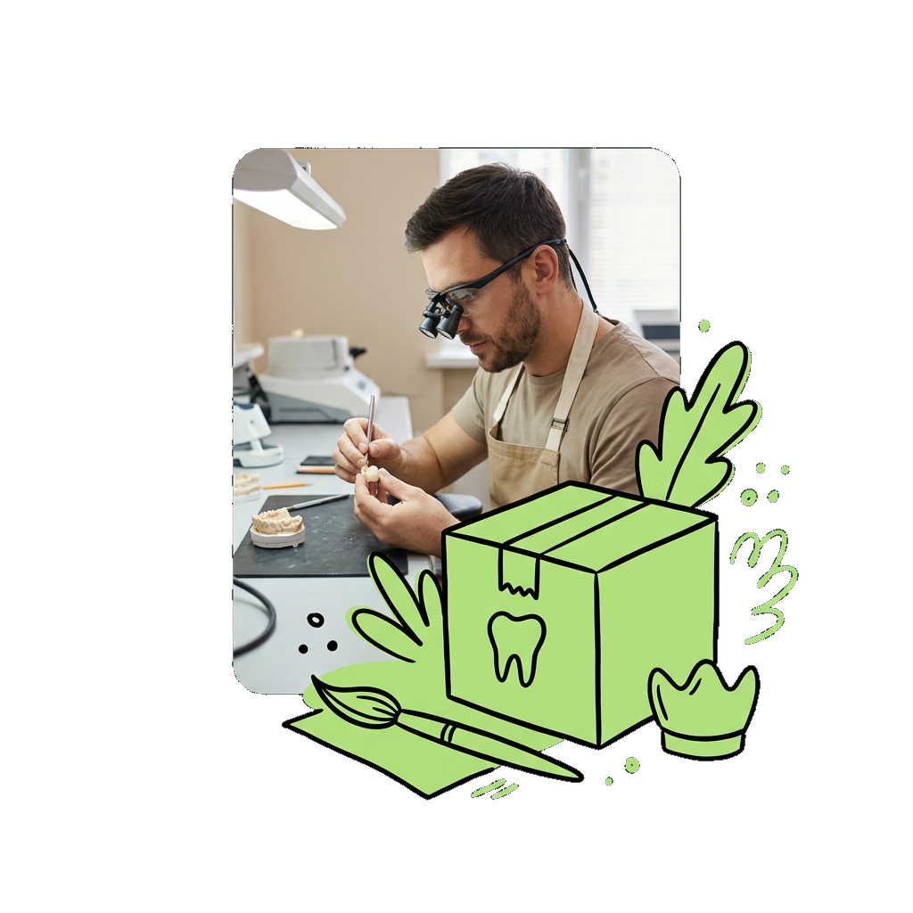 A dental lab technician finishing a crown, with a hand-drawn shipping box, brush and crown spilling out of the frame