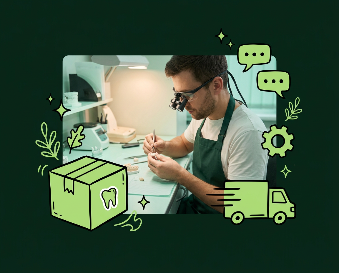 A technician finishing a crown, with a hand-drawn shipping box, truck and chat bubble