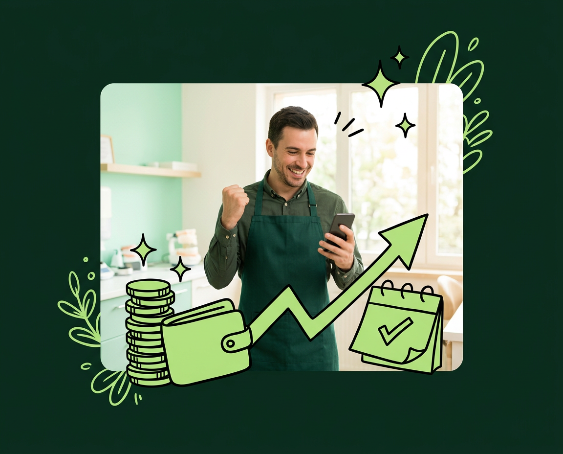 A lab owner celebrating with a phone, with hand-drawn coins, a wallet and a rising chart