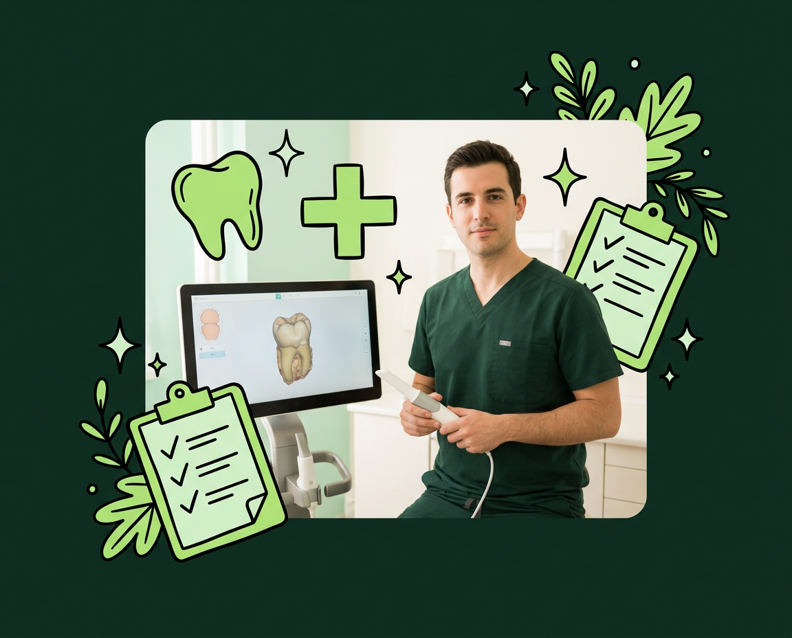 A dentist scanning a tooth, with a hand-drawn tooth, plus sign and clipboard spilling out of the frame