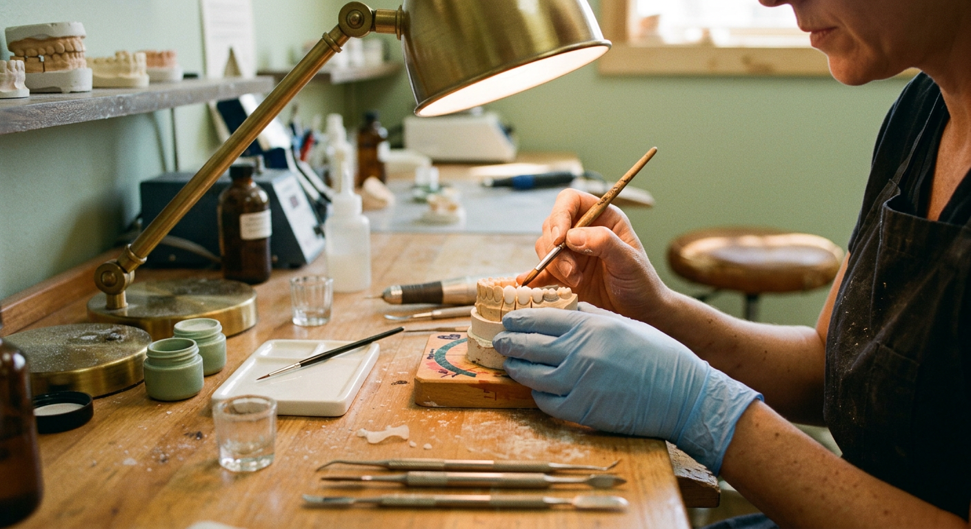 A lab technician finishing a crown at the bench